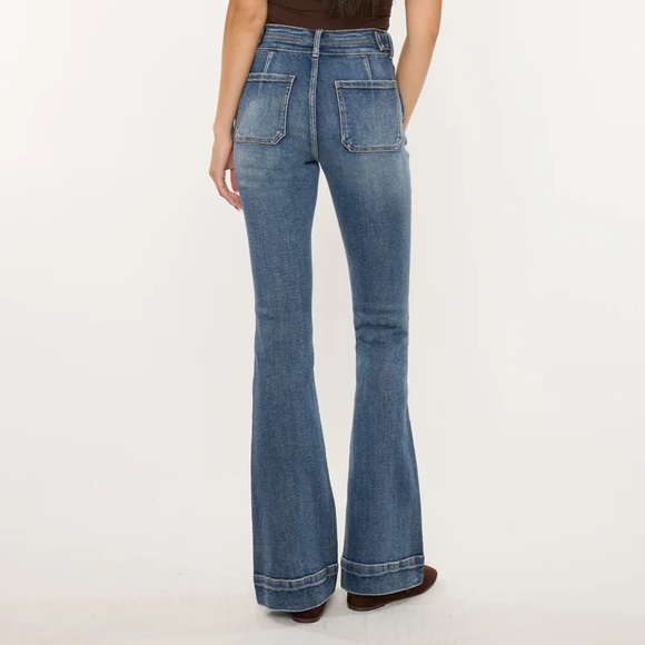 Kancan Kiery High Rise Flare Jeans Wide Hem and Button Detail on Pockets NWT - Picture 2 of 8